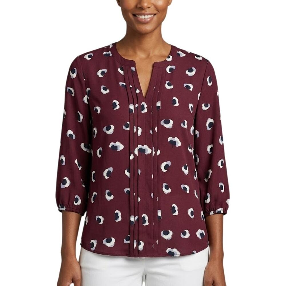 41 Hawthorn Split Neck Blouse Burgundy Pleat Detail 3/4 Sleeve Women M NWT